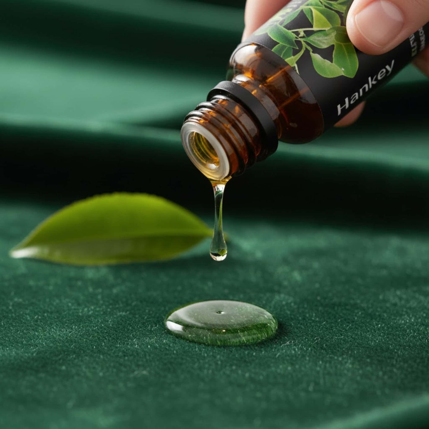 Macro shot of Tea Tree essential oil dripping from the bottle neck onto luxurious deep green velvet fabric, emphasizing its rich texture and dropper dispenser.