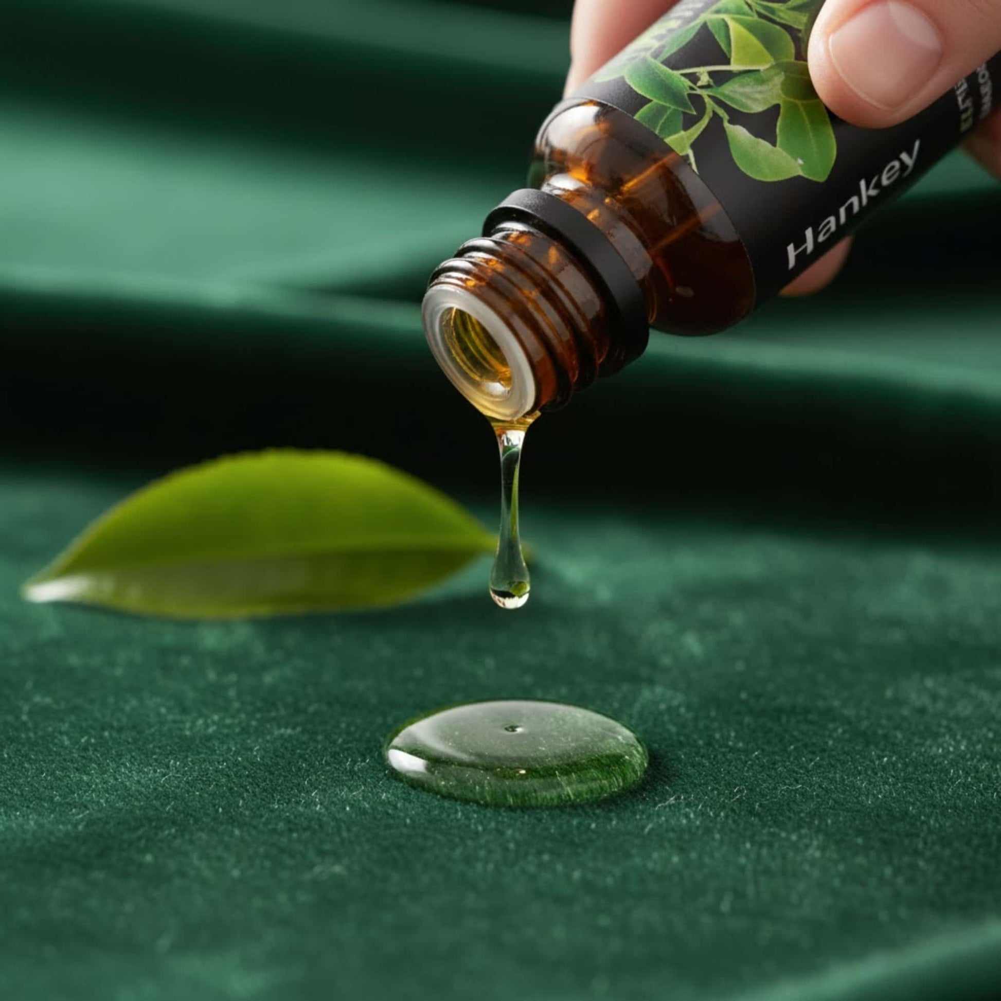 Macro shot of Tea Tree essential oil dripping from the bottle neck onto luxurious deep green velvet fabric, emphasizing its rich texture and dropper dispenser.