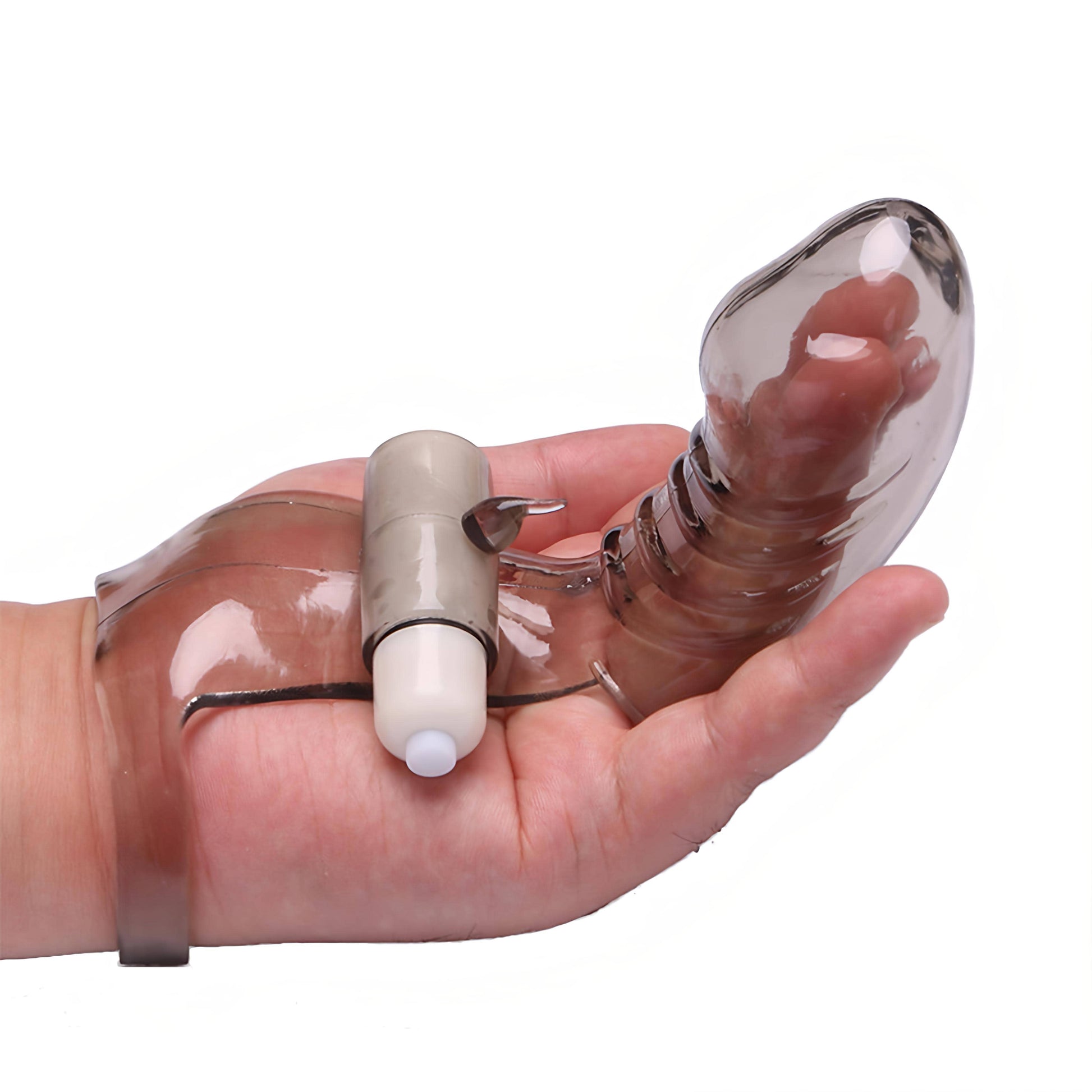 Transparent textured finger sleeve with an attached small manual stimulator for G-spot or prostate massage.