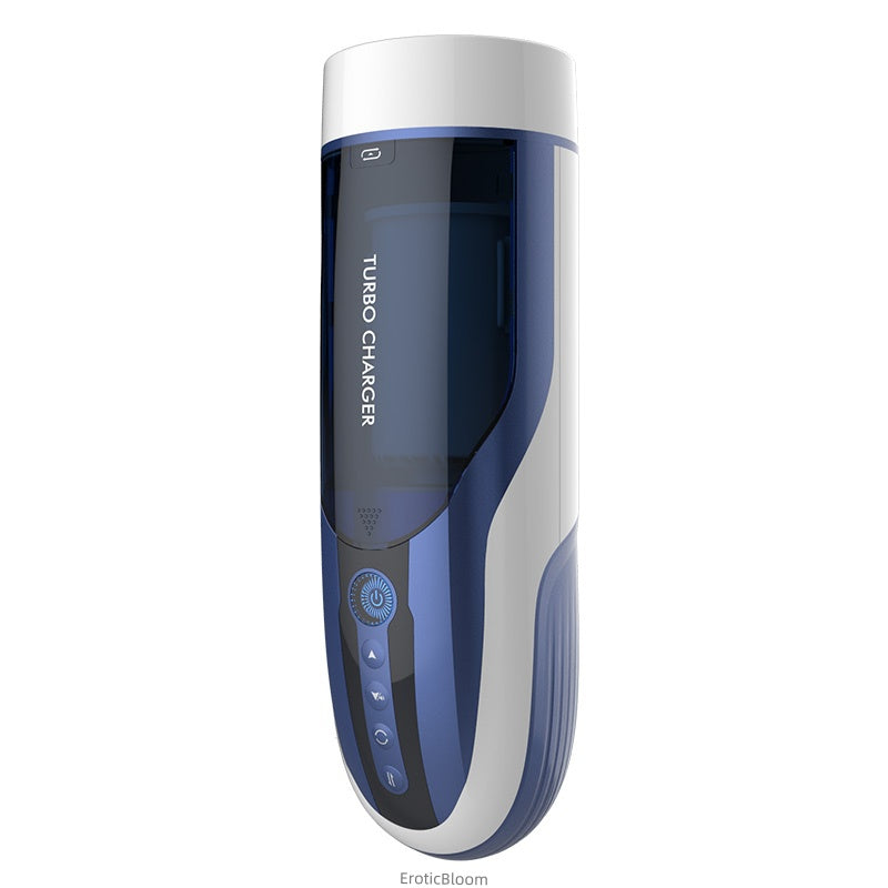 Automatic Male Masturbator - TURBO CHARGER in sleek white and navy design with control panel for 10 thrusting and rotating modes. Ideal for premium solo play.