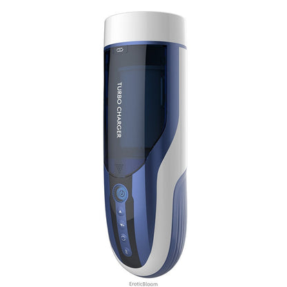 Automatic Male Masturbator - TURBO CHARGER in sleek white and navy design with control panel for 10 thrusting and rotating modes. Ideal for premium solo play.