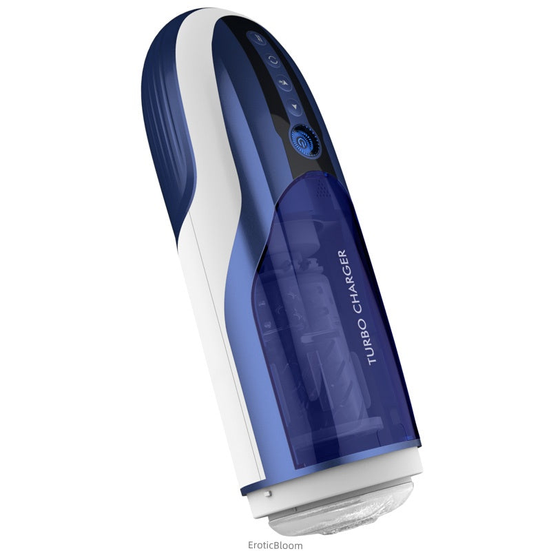 Automatic Male Masturbator - TURBO CHARGER in sleek blue design with transparent chamber showing internal rotating mechanism. Features 10 thrusting modes.