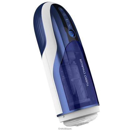 Automatic Male Masturbator - TURBO CHARGER in sleek blue design with transparent chamber showing internal rotating mechanism. Features 10 thrusting modes.