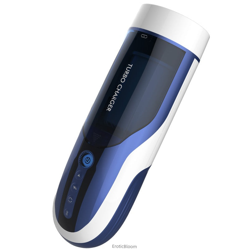 Automatic Male Masturbator - TURBO CHARGER in sleek blue and white design with control panel for 10 thrusting and rotating modes. Premium adult toy for men.