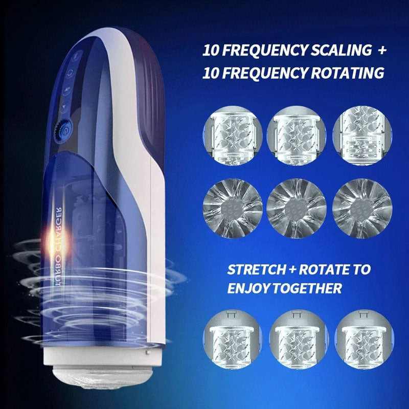 Automatic Male Masturbator - TURBO CHARGER with 10 thrusting and rotating modes, transparent chamber and interactive textures for intense pleasure.