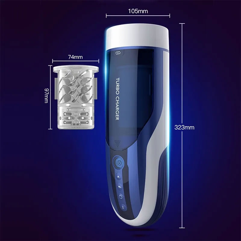 Automatic Male Masturbator - TURBO CHARGER with 10 thrusting and rotating modes, shown with internal sleeve and product dimensions for ergonomic use.