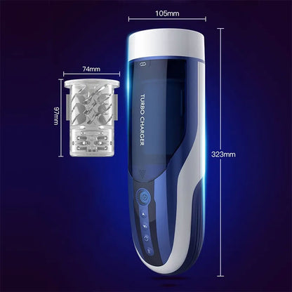 Automatic Male Masturbator - TURBO CHARGER with 10 thrusting and rotating modes, shown with internal sleeve and product dimensions for ergonomic use.