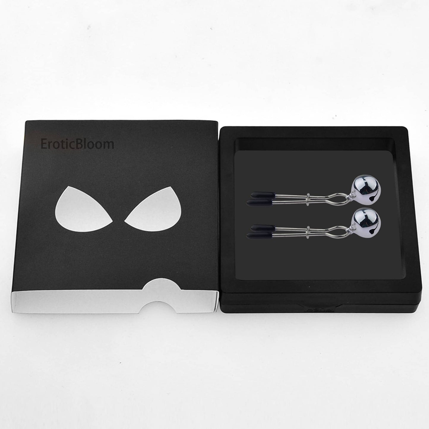 V-Clip Nipple Clamps with Black Rubber Tips and Silver Bell Pendants for Teasing and Sensory Play Packing