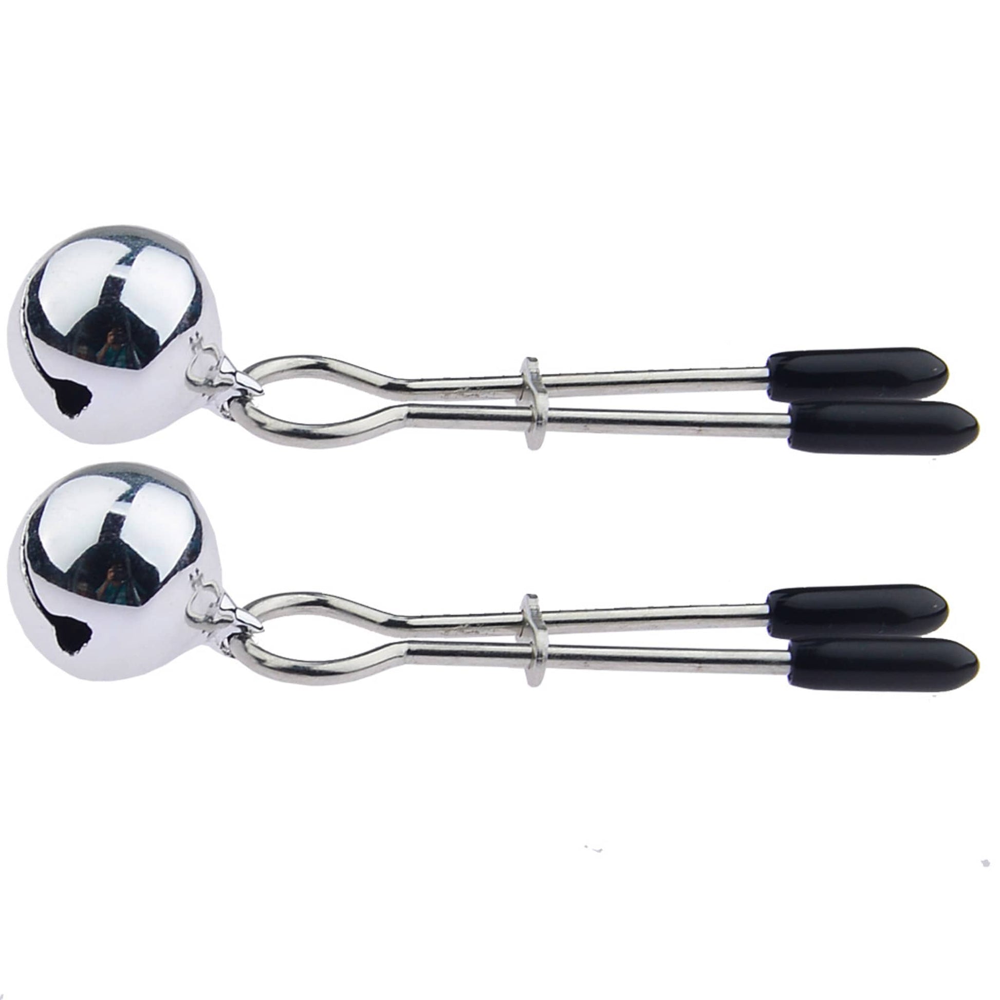 V-Clip Nipple Clamps with Black Rubber Tips and Silver Bell Pendants for Teasing and Sensory Play Show