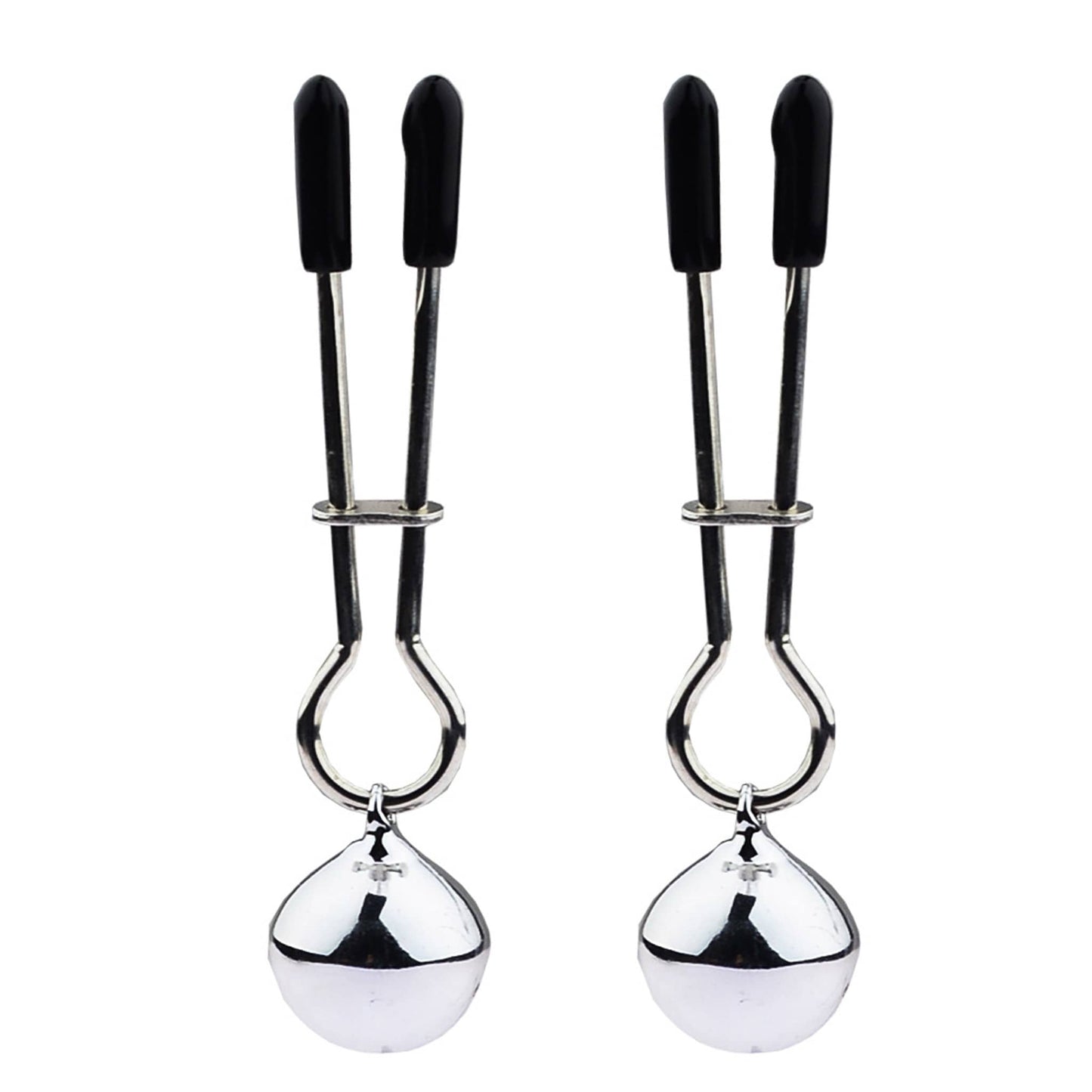 V-Clip Nipple Clamps with Black Rubber Tips and Silver Bell Pendants for Teasing and Sensory Play