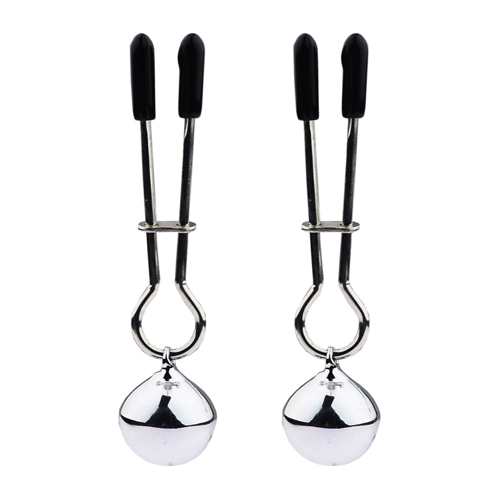 V-Clip Nipple Clamps with Black Rubber Tips and Silver Bell Pendants for Teasing and Sensory Play