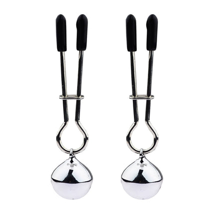 V-Clip Nipple Clamps with Black Rubber Tips and Silver Bell Pendants for Teasing and Sensory Play