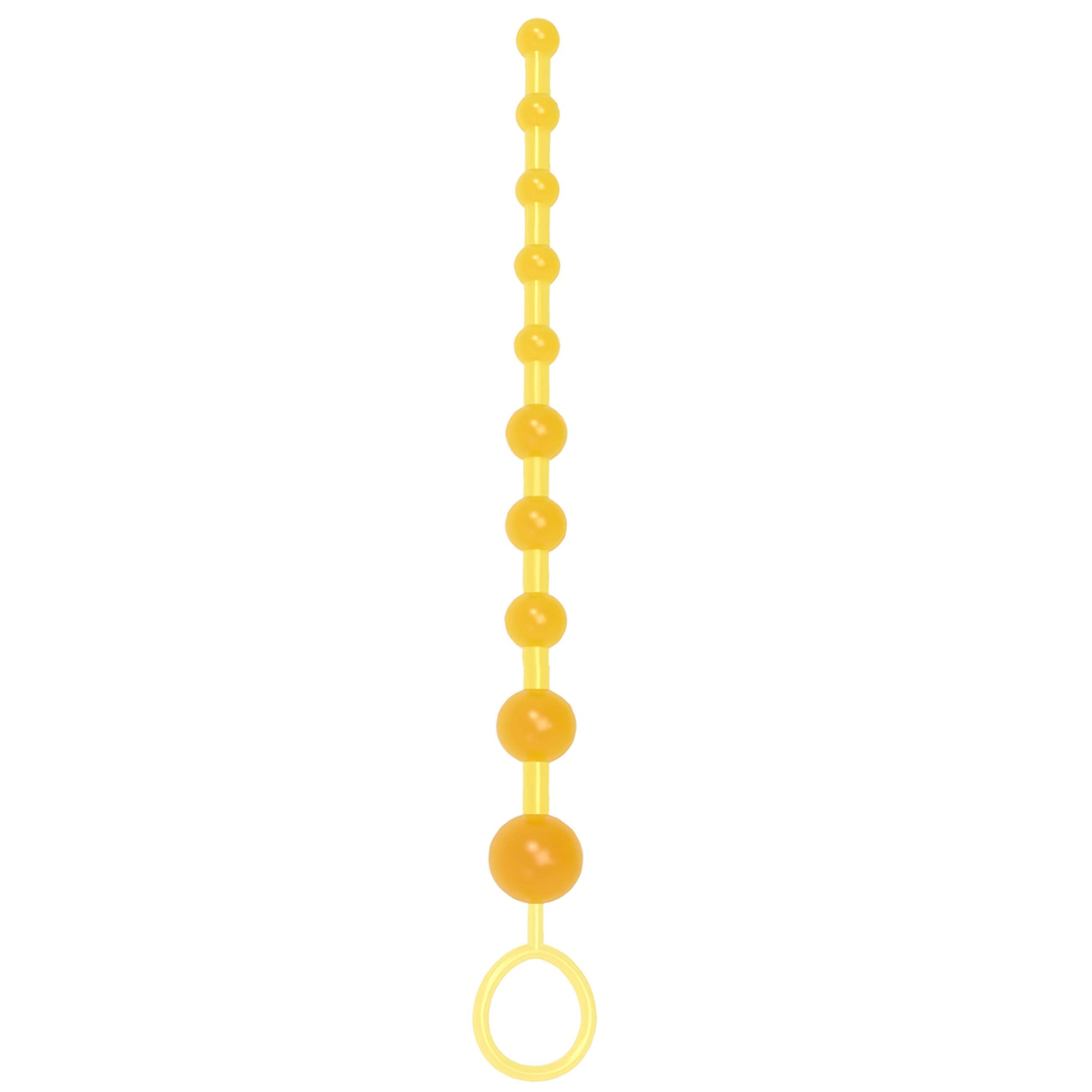Vibrant yellow silicone anal beads with segmented design, showing dimensions (33cm length, 14-28mm bead diameter) and emphasizing G-spot/prostate use main