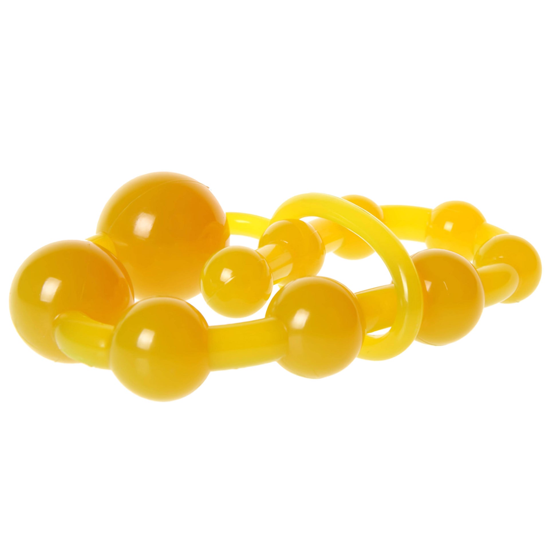 Vibrant yellow silicone anal beads with segmented design, showing dimensions (33cm length, 14-28mm bead diameter) and emphasizing G-spot/prostate use