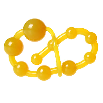 Vibrant yellow silicone anal beads with segmented design, showing dimensions (33cm length, 14-28mm bead diameter) and emphasizing G-spot/prostate use show