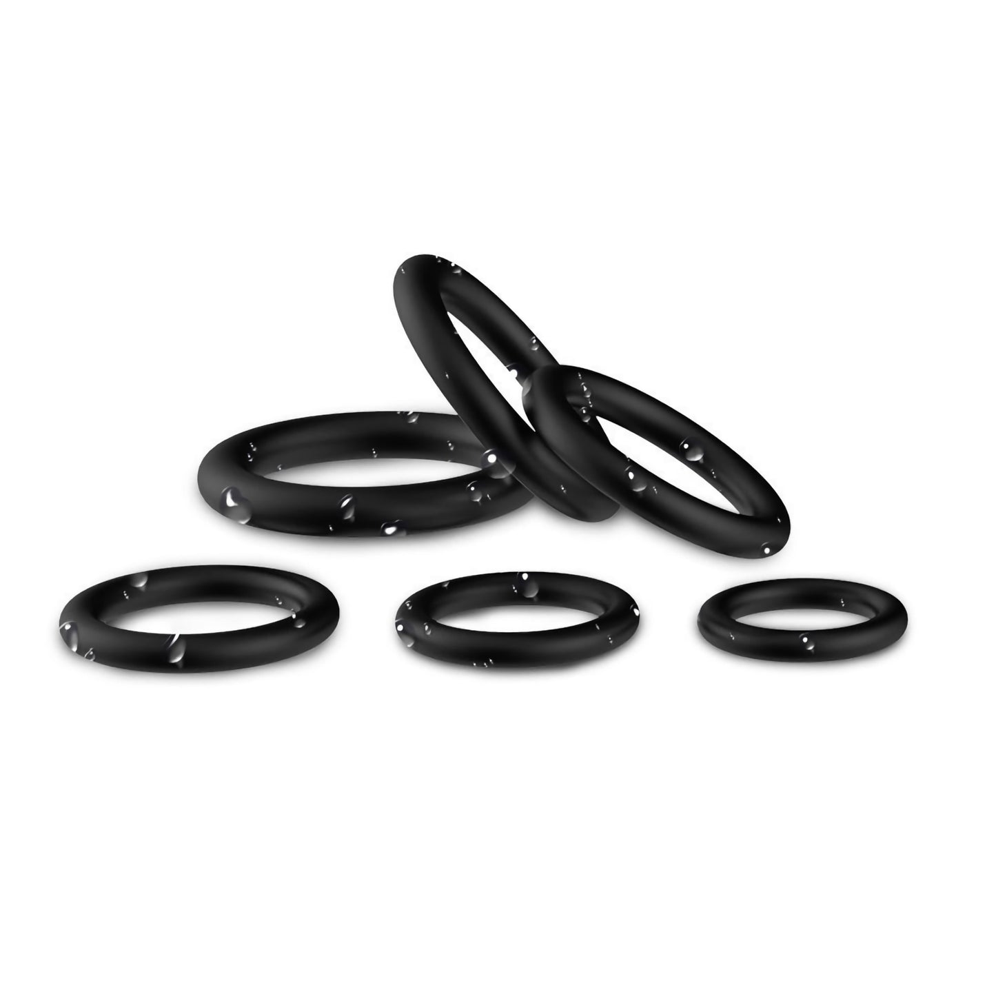 Six waterproof black silicone cock rings covered with clear water droplets on a pure white background, showcasing 100% waterproof design and easy cleaning.
