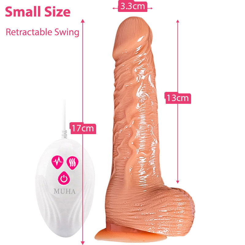 Premium wireless remote personal massager in small size with 13cm length and 3.3cm width, featuring retractable swing and suction base for adult wellness.
