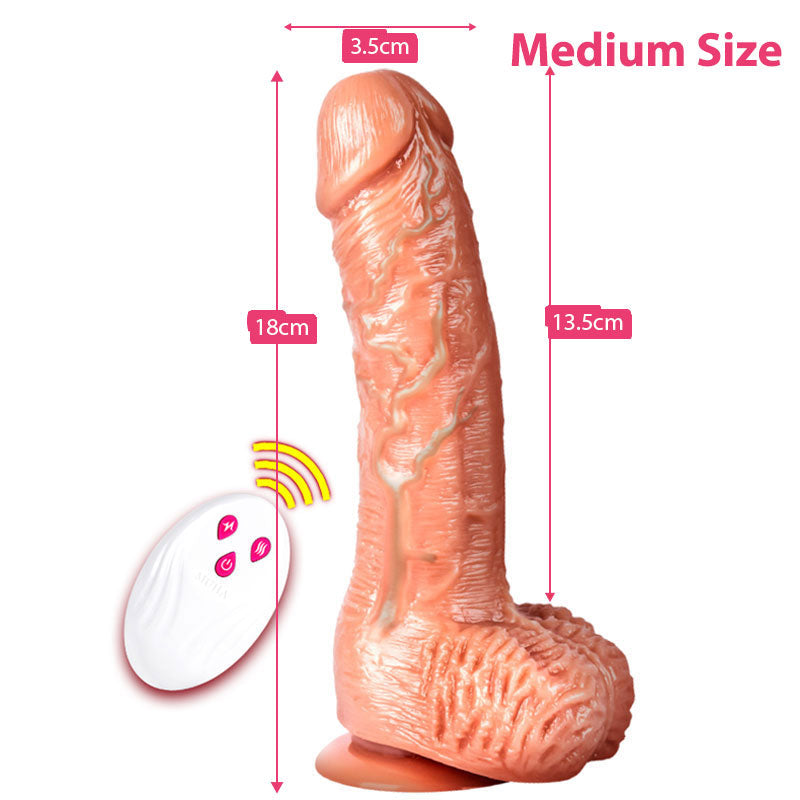 Premium wireless remote personal massager in medium size with realistic texture and suction base. Measures 18cm long and 3.5cm wide for adult wellness.
