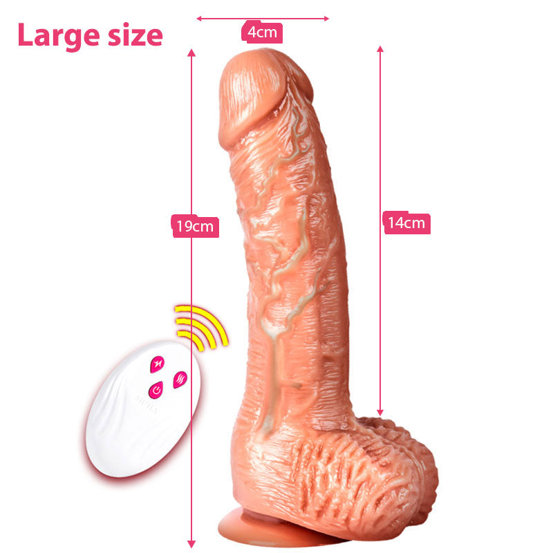 Premium wireless remote personal massager in large size with realistic texture and suction base. Measures 19cm length, 4cm width, body-safe material.