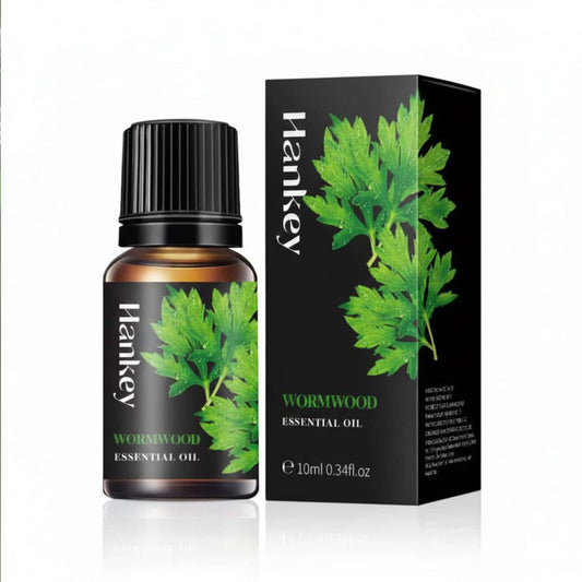 Wormwood Essential Oil bottle and its black packaging box displayed on a pure white background for e-commerce.