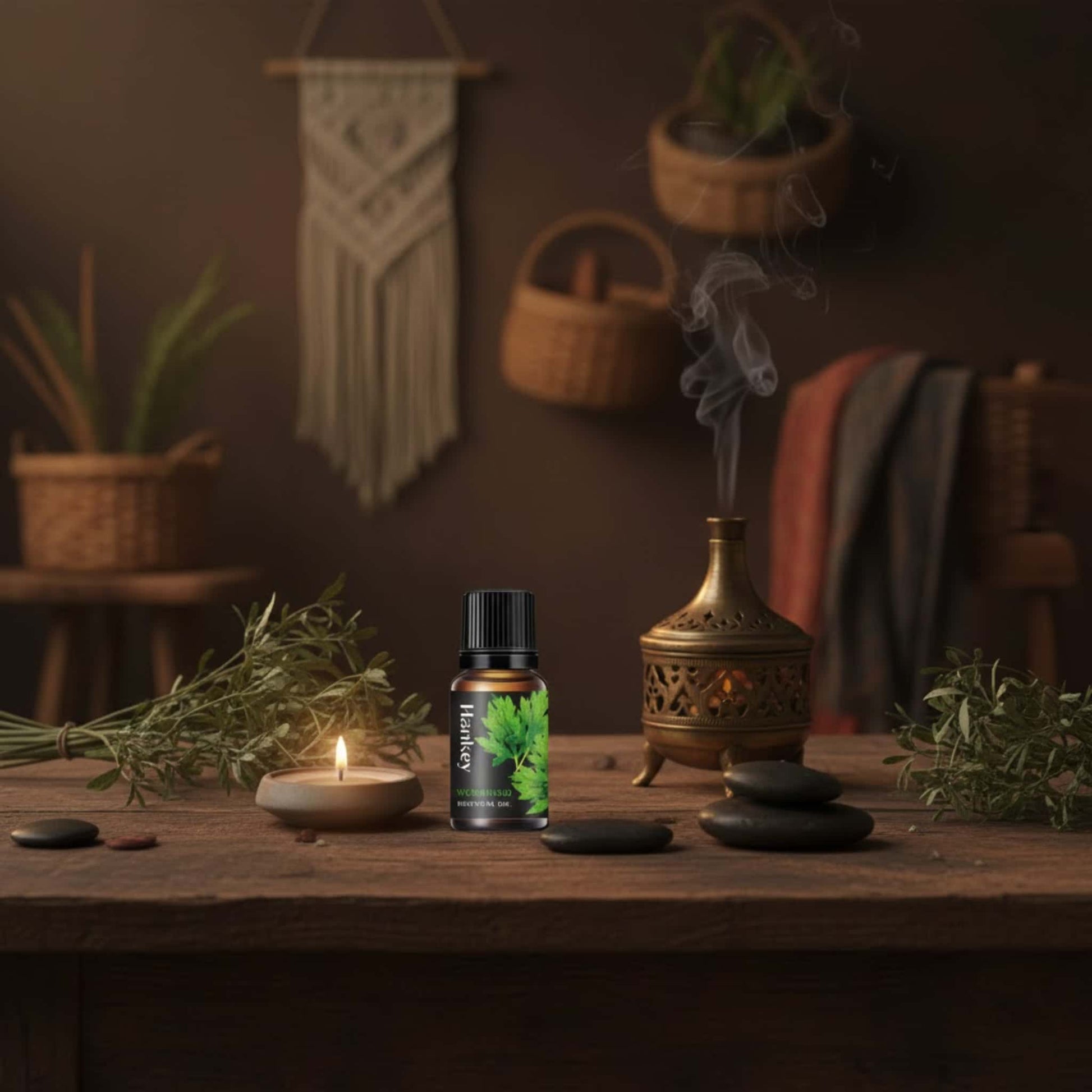 Wormwood mystical sensual oil bottle with dried wormwood and antique diffuser, creating an ancient and explorative intimate atmosphere.