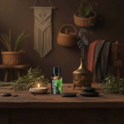 Wormwood mystical sensual oil bottle with dried wormwood and antique diffuser, creating an ancient and explorative intimate atmosphere.