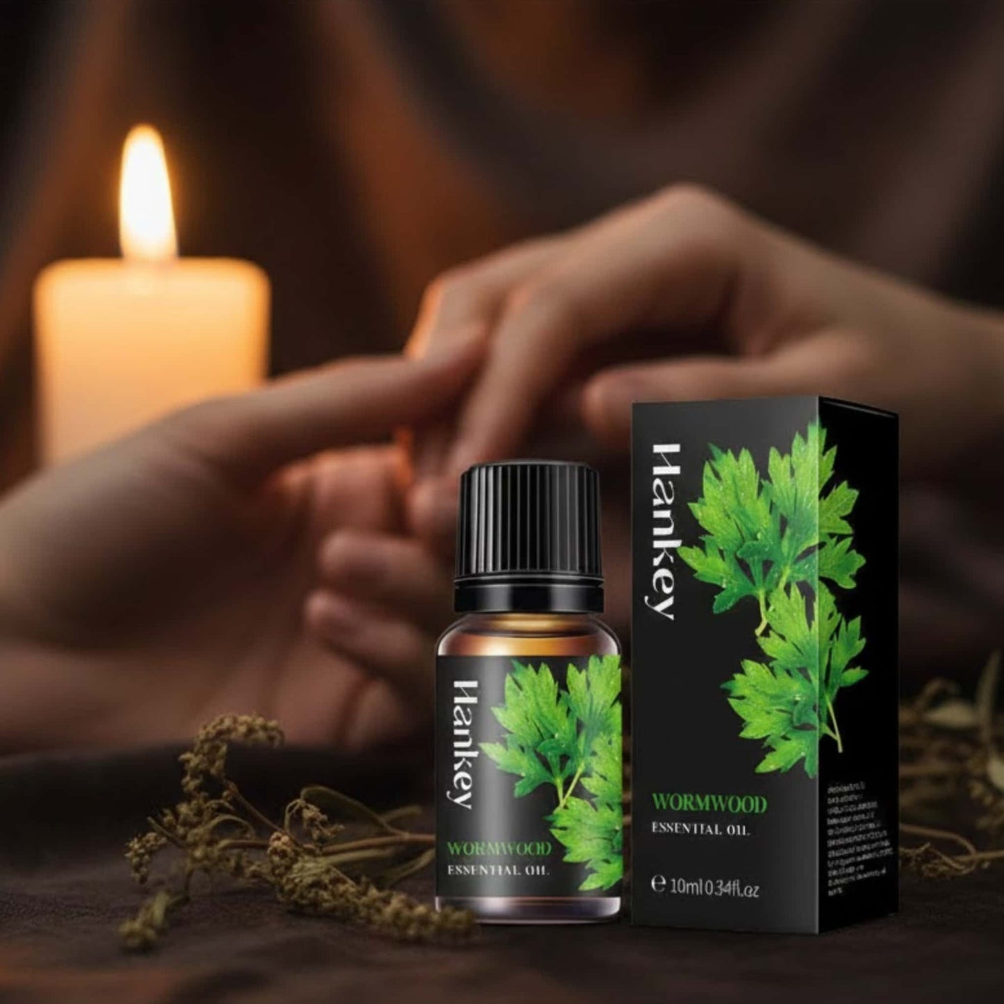 Wormwood mystical sensual oil in the foreground, with blurred figures in the background showing deep intimate connection and mysterious immersion.