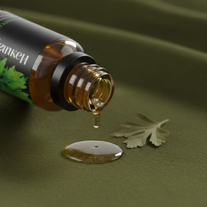 Macro shot of Wormwood essential oil dripping from the bottle neck onto luxurious deep olive green velvet fabric, emphasizing its rich texture and dropper dispenser.