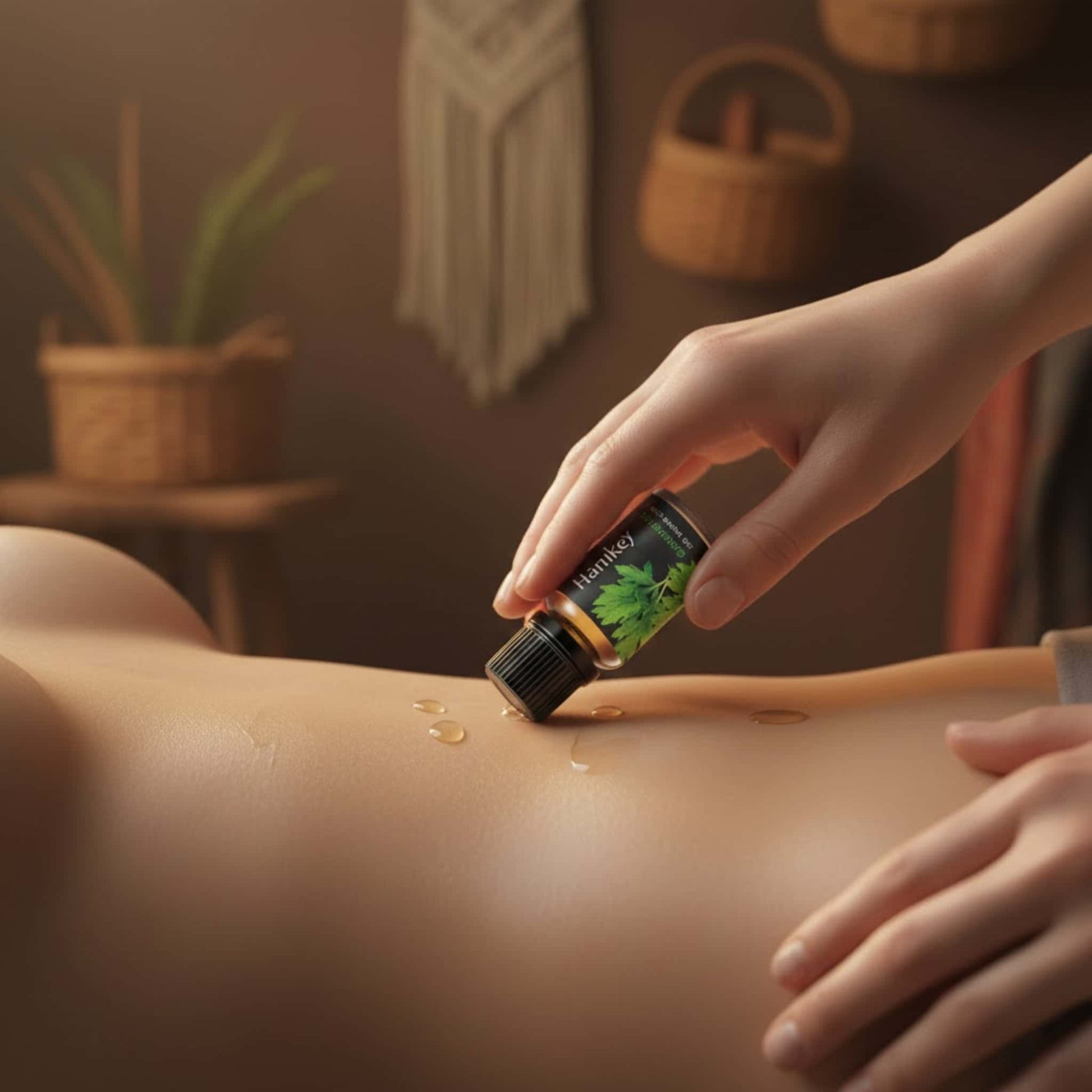 Hand gently massaging Wormwood mystical sensual oil onto warm skin for a soothing and revitalizing experience.